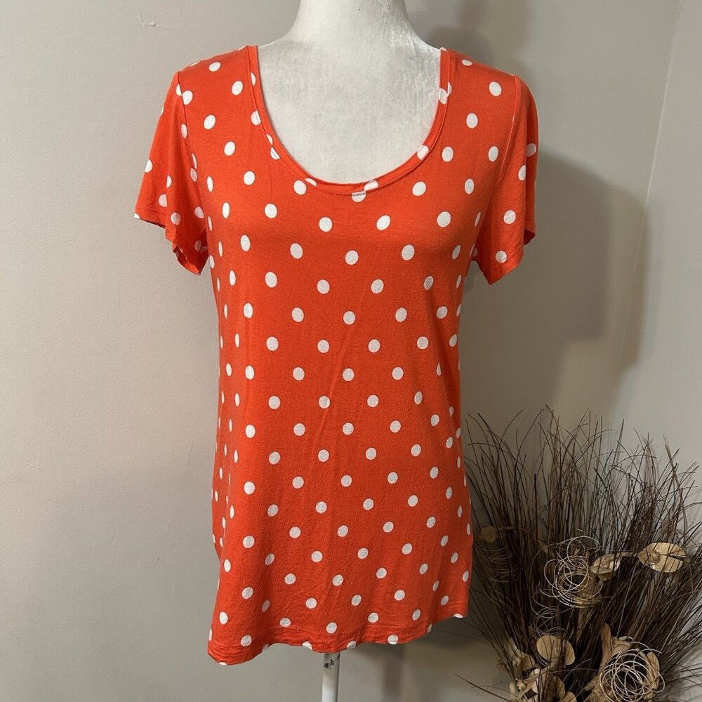 Van Heusen Studio Women Orange White Polka Top T-shirt Top Scoop Neck Sz L USA